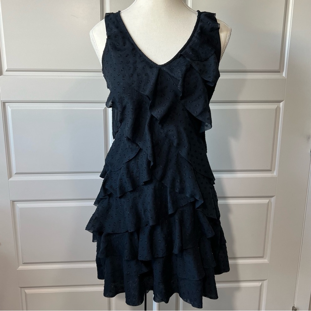 LOFT‎ Petite Nany Blue Waterfall Ruffle Eyelet Dot V Neck Sleeveless Dress 0P